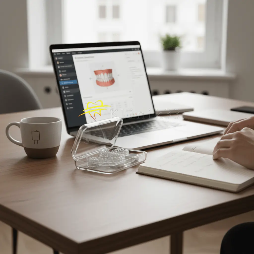 Şeffaf plak takan Klinik33 hastası dişlerini aynada inceliyor